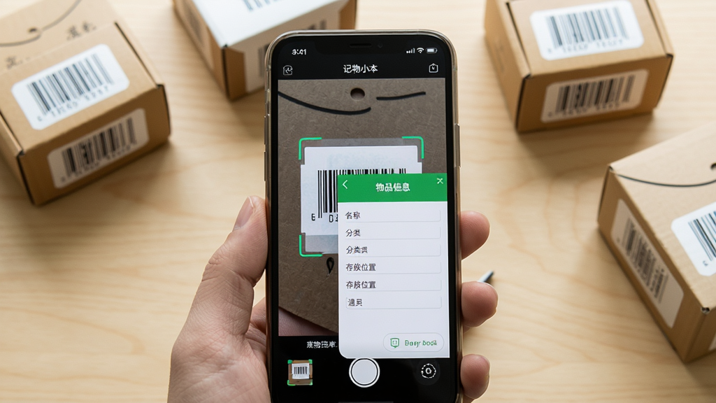 特写“记物小本”应用扫码录入功能的操作画面,手机屏幕中显示扫描框对准一个条形码,识别成功后弹出物品信息编辑窗口,包含名称、分类、存放位置等字段。背景为浅色木桌,手机旁边摆放着几件带有条形码的商品包装盒。画面主体为手机屏幕,布局居中,风格写实,细节丰富,画质清晰,干净无多余元素。