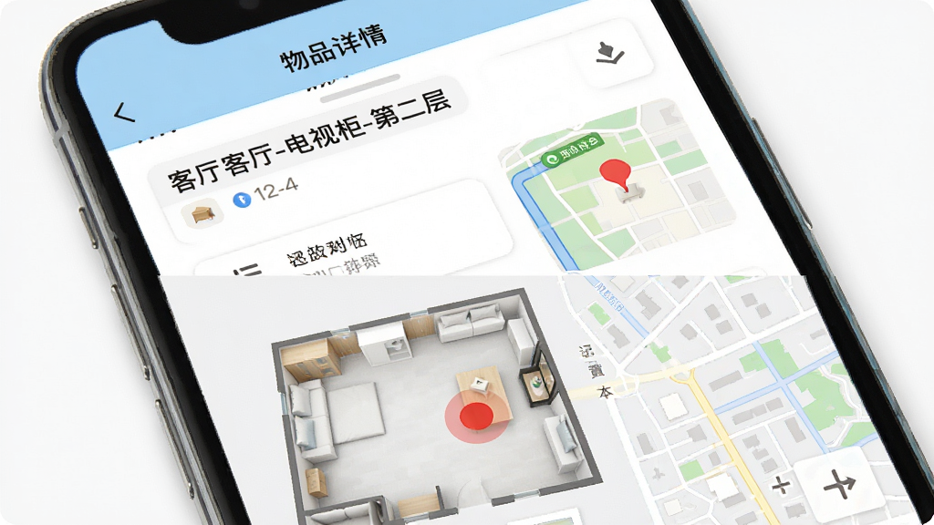 展示“记物小本”位置标签与地图定位功能,手机屏幕分为上下两部分,上部为物品详情页,显示存放位置“客厅-电视柜-第二层”以及地图坐标,下部为室内地图或室外街区地图,标有物品位置红点。整体界面以浅蓝色和白色为主,布局清晰,风格实用,细节到位,画质高清,干净无多余元素。