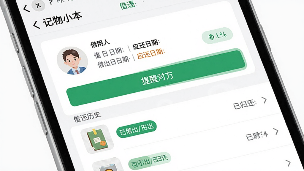 展示“记物小本”借还记录界面,屏幕中显示一个物品的借出详情,包括借用人头像、借出日期、应还日期和“提醒对方”按钮。下方为借还历史列表,每行包含物品缩略图、状态标签(已借出/已归还)。界面以白色为底,绿色高亮按钮,布局整洁,风格清新,画质细腻,干净无多余元素。