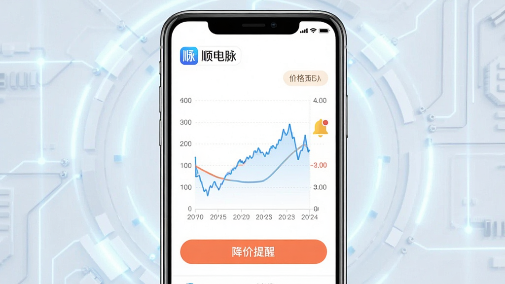 展示顺电脉APP价格监控功能的界面截图,主体为手机屏幕,屏幕上显示一条清晰的价格走势折线图,标注“顺电脉”Logo和“降价提醒”按钮。布局以屏幕为中心,背景为浅色科技感光效,风格扁平化,细节包括日期轴、价格数字和铃铛图标,画质细腻,干净无多余元素。
