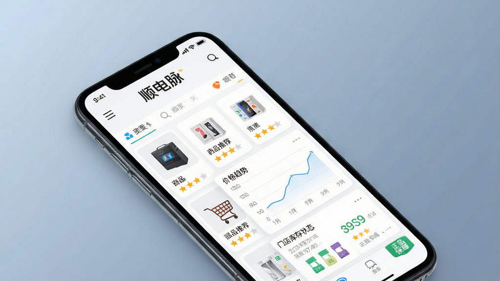 一幅展示顺电脉APP核心功能的场景图,主体为智能手机屏幕界面,界面清晰显示“顺电脉”品牌标识、商品推荐列表、价格趋势图表和门店库存状态。布局采用居中构图,手机斜放,背景为柔和的渐变蓝灰色,风格现代简约,细节包含图标、星级评分和“正品保障”字样,画质高清,干净无多余元素。
