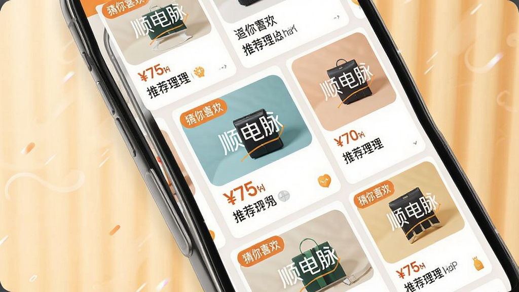 一幅展示顺电脉APP个性化推荐功能的界面,主体为手机屏幕,展示多张商品卡片,每张卡片带有“顺电脉”水印和“猜你喜欢”标签。布局为瀑布流滚动,背景为淡雅暖色,风格时尚活泼,细节包括商品图片、价格标签和推荐理由,画质清晰,干净无多余元素。