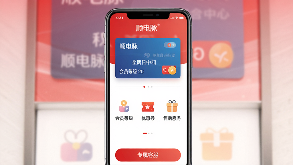 展示顺电脉APP会员中心的界面设计,主体为手机屏幕,顶部显示“顺电脉”会员卡,下方排列积分、优惠券和售后服务图标。布局简洁对称,背景为品牌红色渐变,风格商务大气,细节包括会员等级、到期日期和“专属客服”按钮,画质高清,干净无多余元素。