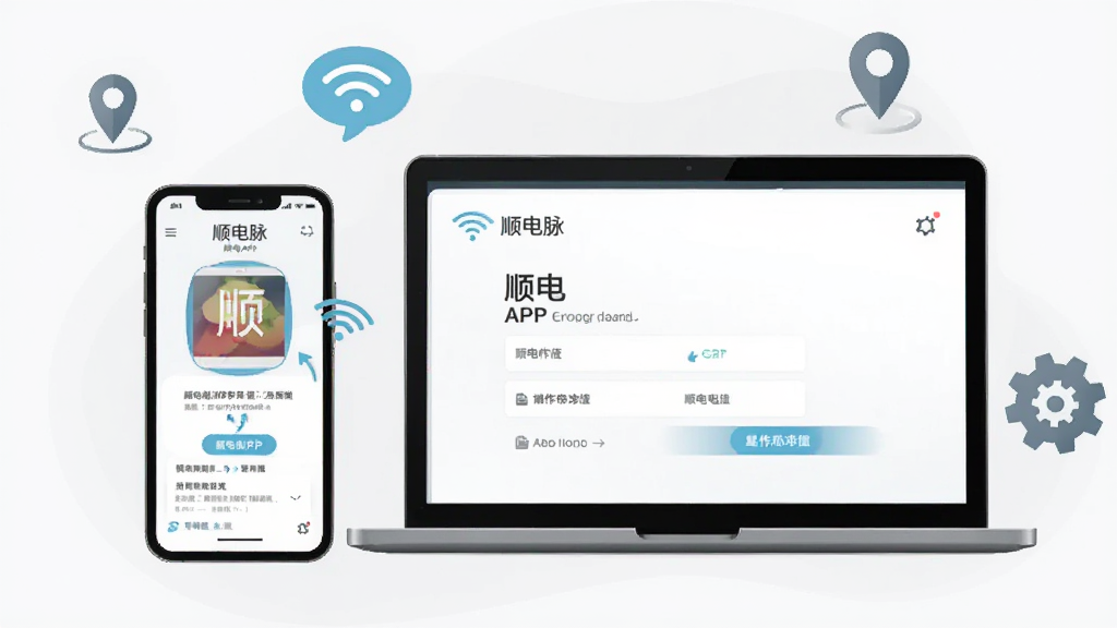 一幅展示顺电脉APP使用场景的插图,主体为一部手机和一台笔记本电脑,屏幕均显示顺电脉界面,周围有Wi-Fi图标、定位图标和设置齿轮图标。布局为左右对称,背景为浅灰色,风格简洁现代,细节包括“顺电脉”名称和操作提示箭头,画质干净,无多余元素。