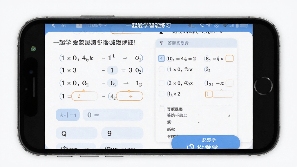 画面主体为手机屏幕上的“一起爱学”练习题库界面,展示数学选择题和答题卡。布局为屏幕截图样式,排版规整,风格扁平化,细节显示题目文字和选项按钮,画质高清明亮,干净无多余元素,屏幕顶部显示“一起爱学智能练习”。