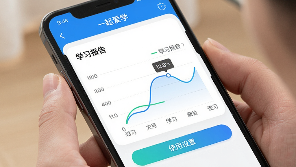 画面主体为家长手机上的“一起爱学”家长监控界面,显示学习报告折线图和设置按钮。布局为手机截图样式,风格简洁,细节展示曲线和时长数据,画质清晰,文字部分显示“学习报告”和“使用设置”。