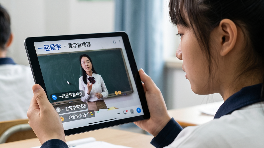 图片主体为一位学生正在使用平板电脑观看“一起爱学”的直播课程,屏幕中显示老师讲课画面和互动弹幕。布局采用侧面视角,突出屏幕内容,排版自然,风格写实,细节展示学生专注的表情和屏幕上的课程界面,画质清晰,干净无多余元素,屏幕内文字显示“一起爱学直播课”。