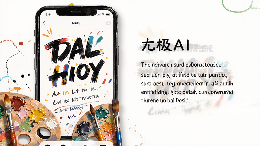 无极AI,创意内容生成,主体为手机界面展示生成的图片和文字,布局左侧图片,右侧文字描述,风格艺术感,色彩鲜艳,细节有画笔和调色板元素,画质精细,干净,无多余元素