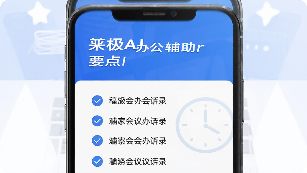 无极AI,办公辅助功能,主体为手机界面展示文档和会议记录,布局上方为文档标题,下方为要点列表,风格商务简约,蓝白配色,细节有对勾和时钟图标,画质干净,无多余元素