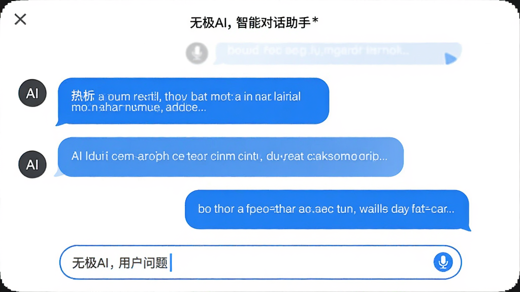 无极AI,智能对话助手,主体为聊天界面,布局为左右气泡对话形式,左侧AI回复,右侧用户提问,风格简洁,白色背景,蓝色高亮,细节有输入框和麦克风图标,画质清晰,干净,无多余元素