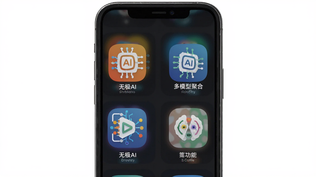 无极AI,多模型聚合功能,主体为手机界面展示多个AI模型图标,布局为网格状排列,每个图标下方有名称标注,风格扁平化设计,色彩丰富,细节清晰,画质干净,无多余元素