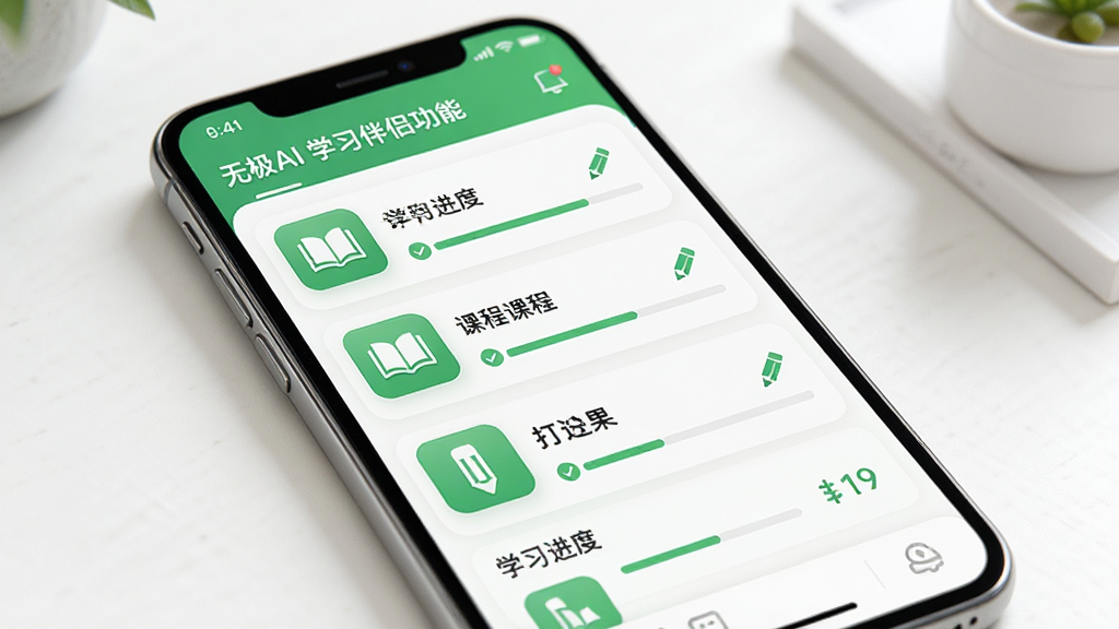 无极AI,学习伴侣功能,主体为手机界面展示课程列表和学习进度,布局为列表形式,有进度条和打卡标记,风格清新,绿色和白色配色,细节有书本和铅笔图标,画质干净,无多余元素