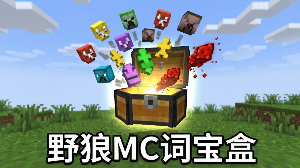 主视觉图:3D像素风格的游戏桌面场景,正中央悬浮一个发光的宝箱,宝箱打开后飞出各种彩色方块、指令符号、红石粉末、生物头像,背景是《我的世界》风格的草地与天空,画面明亮清晰,细节丰富,画质高清,干净无多余元素,文字标注“野狼MC词宝盒”