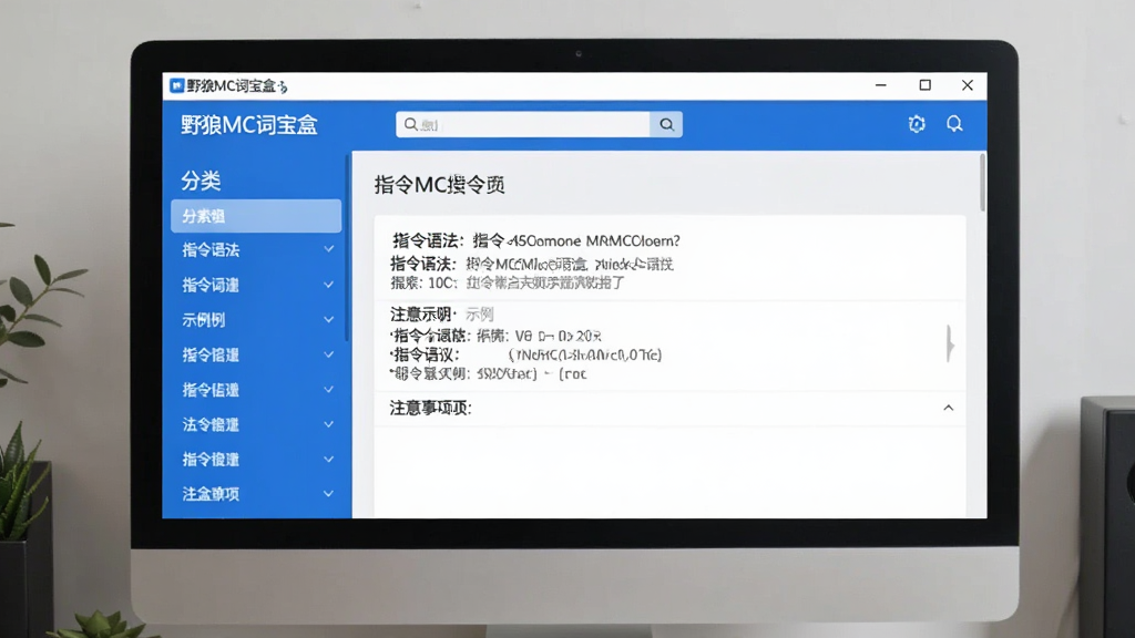 功能截图:电脑屏幕展示“野狼MC词宝盒”的指令搜索界面,左侧为分类列表,右侧为指令详情,包含指令语法、示例和注意事项,界面风格简洁现代,蓝白配色,画质清晰,无多余元素