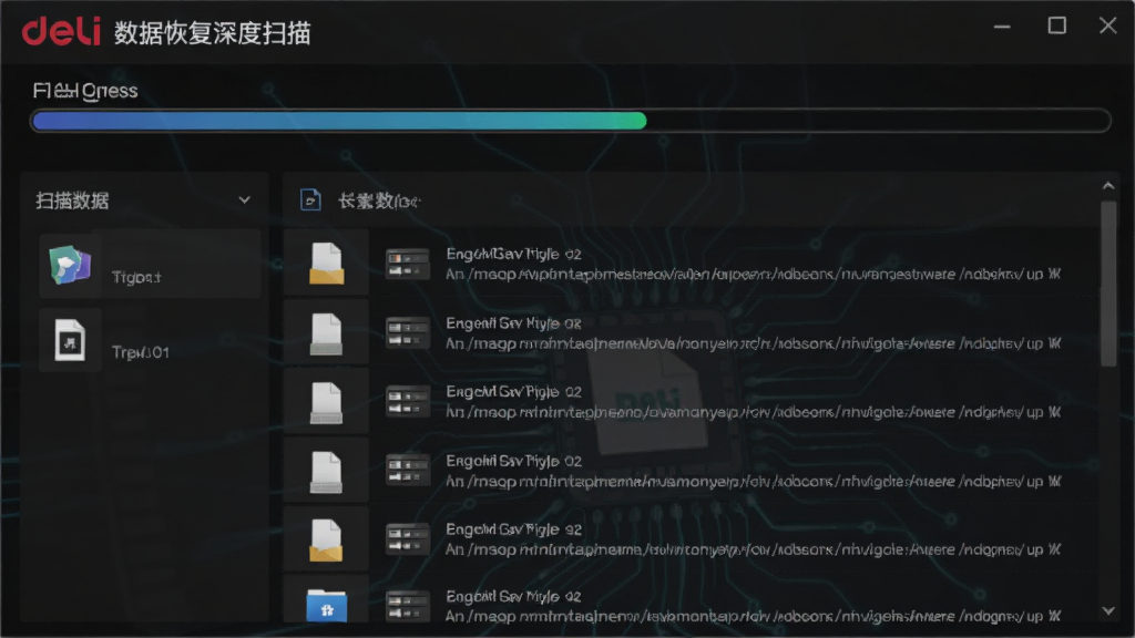 主体为得力数据恢复的深度扫描界面,布局为扫描进度条与文件列表,排版为左右分栏,风格为科技感深色系,细节包括文件类型图标与路径信息,画质清晰干净,无多余元素