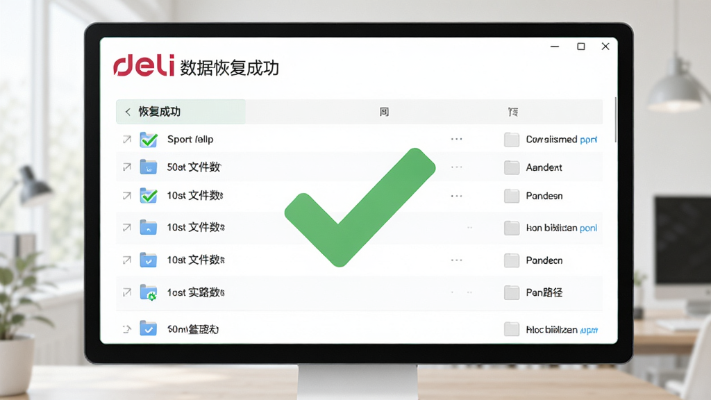 主体为得力数据恢复的恢复成功界面,布局为绿色对勾与文件列表,排版居中,风格为简洁明亮,细节包括恢复文件数量与保存路径,画质高清干净,无多余元素