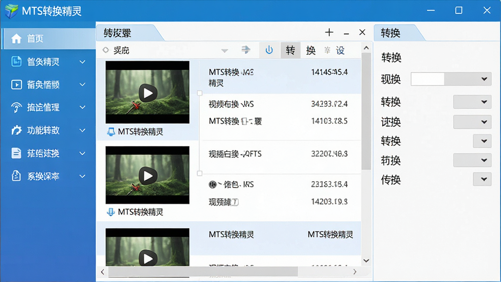一幅展示MTS转换精灵软件主界面的高清图片,界面布局简洁清晰,左侧为功能导航栏,右侧为视频文件列表和转换设置区域,顶部有软件名称“MTS转换精灵”字样,整体风格现代专业,色彩以蓝色和白色为主,画面干净无多余元素,画质细腻清晰。