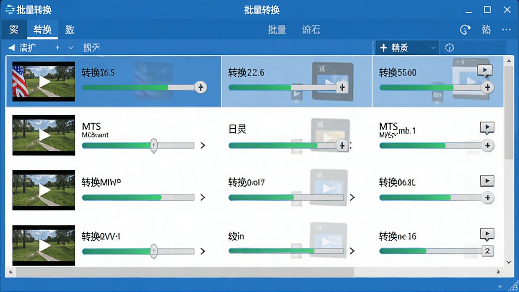 展示MTS转换精灵批量处理功能的界面截图,画面中多个视频文件排列在列表中,每个文件旁显示转换进度条,背景为软件主界面,蓝色调为主,标题栏显示“批量转换”字样,画质干净清晰,排版整齐,细节丰富。