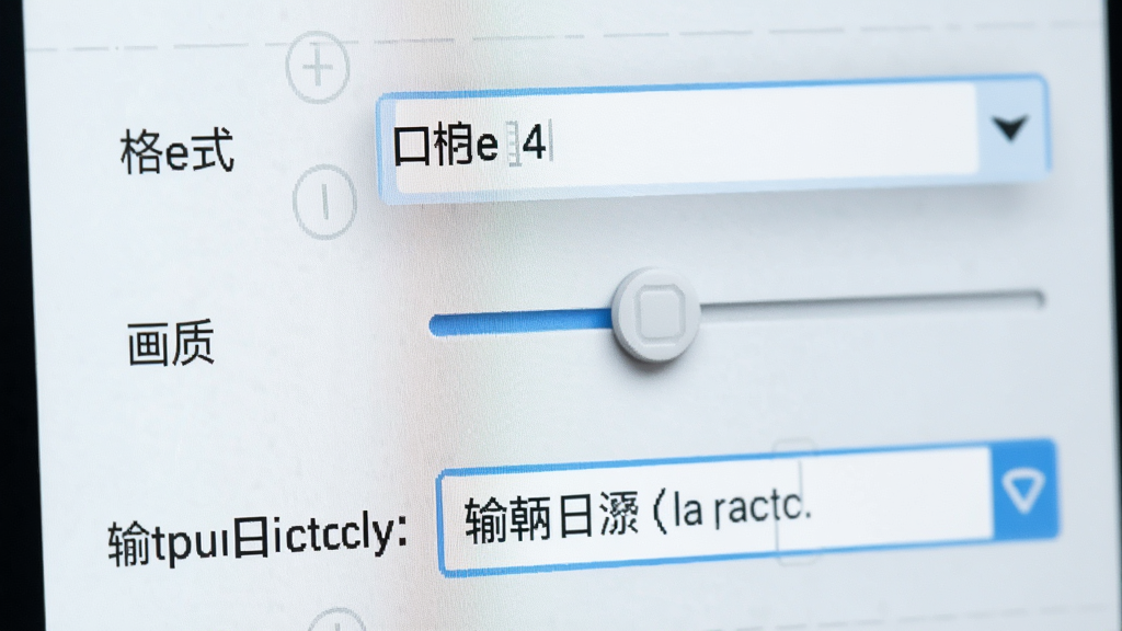 特写软件设置面板,显示格式选择下拉菜单、画质滑块和输出目录选择框。画面聚焦于细节,风格清晰明亮,强调功能多样性,画质干净。