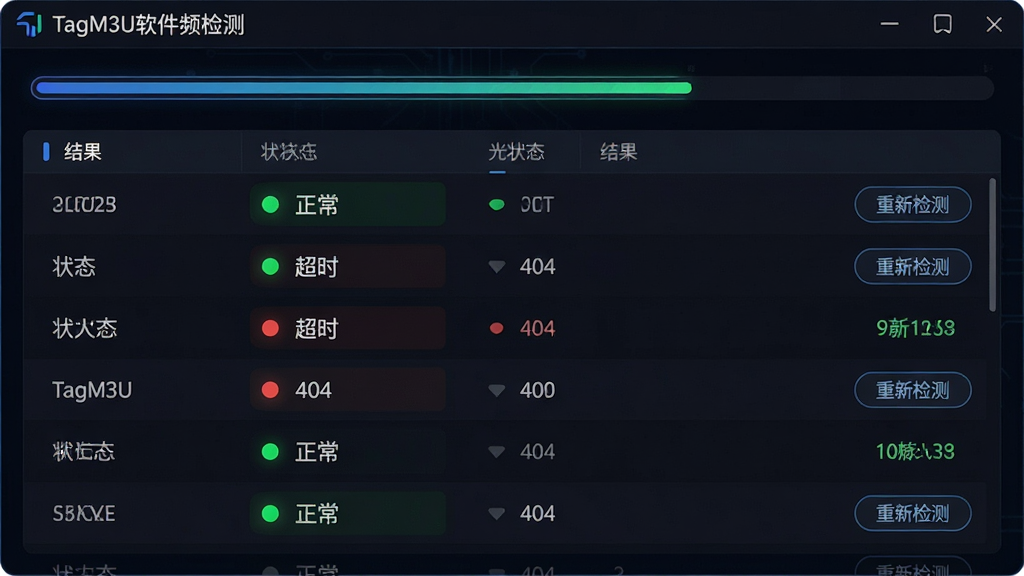 主体:TagM3U软件频道检测界面,显示检测进度条和结果列表;布局:顶部为进度条,下方为频道状态列表;排版:状态列用绿色(正常)和红色(失效)圆点标识;风格:科技感,深色背景;细节:状态列显示“正常”、“超时”、“404”等字样,并有“重新检测”按钮;画质:高清、干净、无多余元素