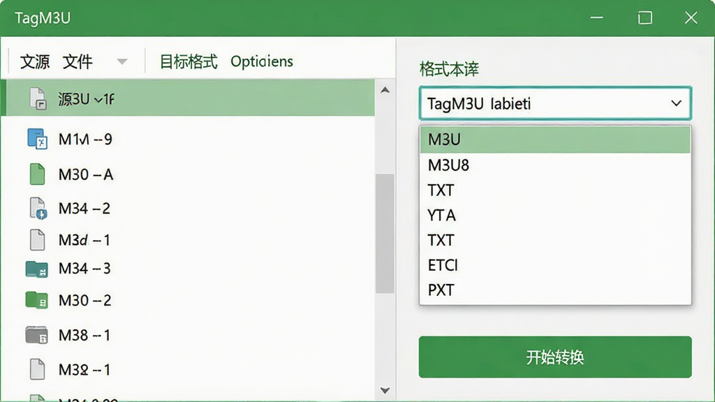 主体:TagM3U软件格式转换界面,显示源文件和目标格式选项;布局:左侧为文件列表,右侧为格式选择下拉菜单;排版:简洁的向导式布局;风格:现代简约,绿色主色调;细节:下拉菜单中显示“M3U”、“M3U8”、“TXT”等格式选项,并有“开始转换”按钮;画质:高清、干净、无多余元素
