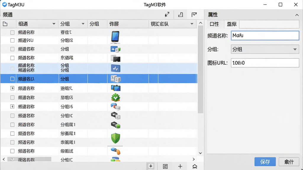 主体:TagM3U软件标签编辑界面,表格中显示频道名称、分组、图标等列;布局:左侧为频道列表,右侧为属性编辑面板;排版:表格行清晰,选中行高亮显示;风格:简洁商务风格,浅灰色背景;细节:编辑框内显示“频道名称”、“分组”、“图标URL”等字段,并带有保存和撤销按钮;画质:高清、干净、无多余元素