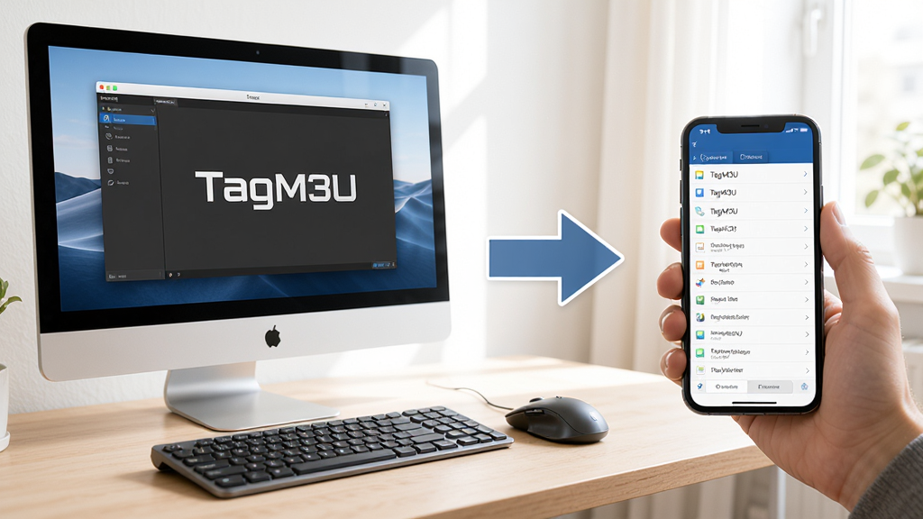 主体:TagM3U软件在电脑和手机上的使用场景,电脑屏幕显示软件界面,手机屏幕显示列表;布局:左侧电脑,右侧手机;排版:两者并列,中间有箭头连接;风格:生活化场景,明亮光线;细节:电脑键盘和鼠标可见,手机握在手中;画质:高清、干净、无多余元素