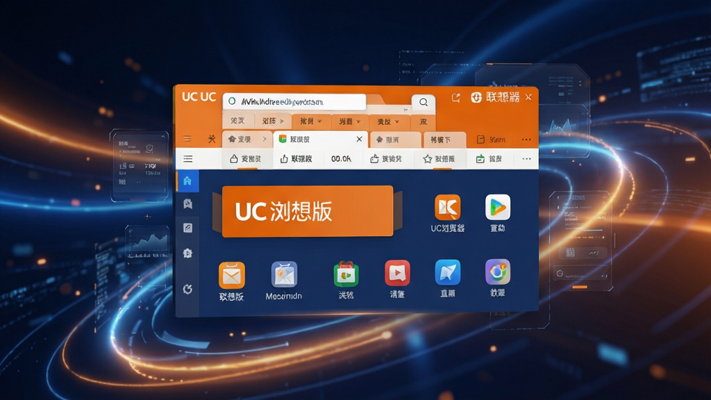 现代简约风格的主视觉图,画面中央是“UC浏览器 联想版”的软件界面悬浮于抽象的光效背景之上,界面展示有清晰的地址栏、多标签页和丰富的导航图标,整体配色以UC标志性的橙色和深蓝色为主,布局干净整洁,排版大气,科技感十足,高分辨率,画质细腻,无多余元素。