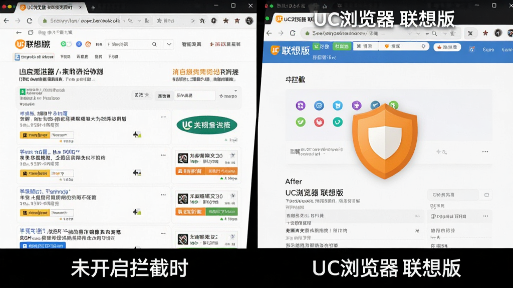 一张对比图,左侧是未开启拦截时满屏广告的网页,右侧是开启“UC浏览器 联想版”智能拦截后的干净清爽页面,右侧画面中有一把橙色的小盾牌标志,整体布局清晰,对比强烈,风格简洁明快,画质高清,无多余元素。
