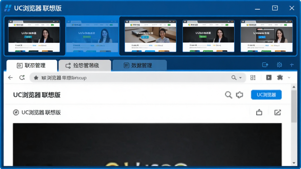 展示“UC浏览器 联想版”多标签页管理界面的截图,画面中顶部有一排并列的网页缩略图标签,其中一个标签高亮显示,下方是展开的网页内容,整体布局规整,色彩鲜明,蓝色边框点缀,体现高效管理感,画质细腻,无多余元素。