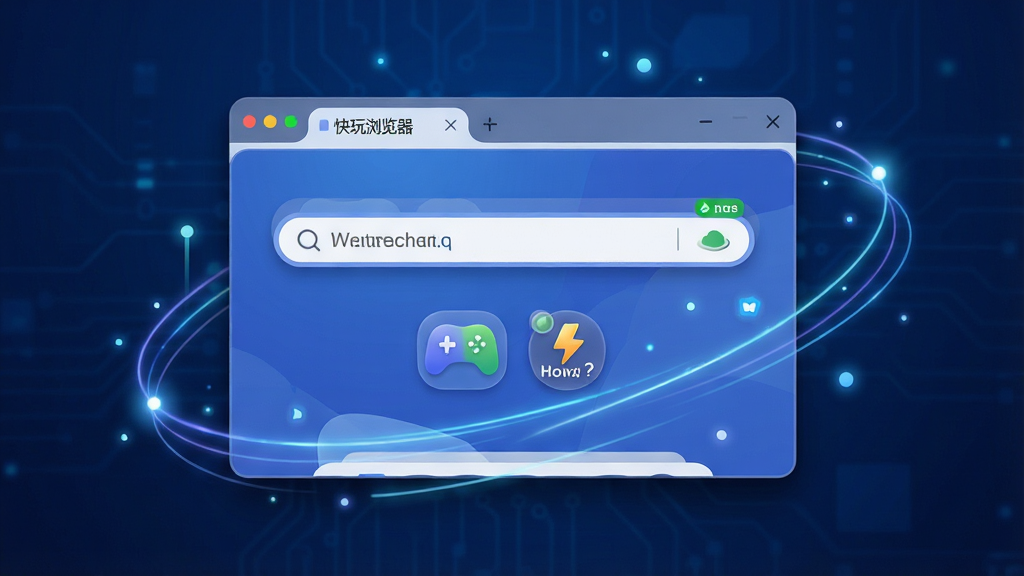 画面主体为“快玩浏览器”软件主界面悬浮在深蓝色科技背景上,界面展示极速地址栏与游戏加速图标,布局居中,四周有流光线条与光点装饰,排版简洁大气,风格为现代扁平化结合微拟物,细节包括浏览器窗口阴影、圆角标签页、绿色加速状态标识,画质高清干净,无多余元素,图片中文字为“快玩浏览器”