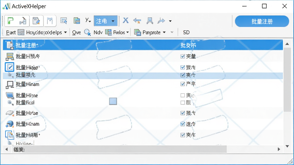 ActiveXHelper软件批量操作界面,显示多个控件被选中,列表高亮,工具栏上显示“批量注册”按钮,背景为白色,风格现代,文字标注“ActiveXHelper”,画质干净,无多余元素