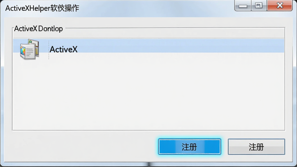 ActiveXHelper软件操作界面,显示选中一个ActiveX控件,点击“注册”按钮,界面高亮显示操作按钮,背景为淡灰色,风格简洁,文字标注“注册”和“注销”,画质清晰,无多余元素