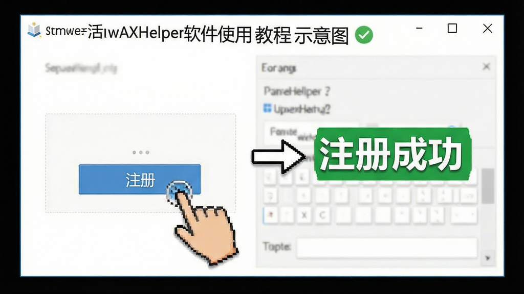 ActiveXHelper软件使用教程示意图,展示用户点击“注册”按钮的操作过程,界面清晰,背景为白色,风格简洁,文字标注“注册成功”,画质干净,无多余元素