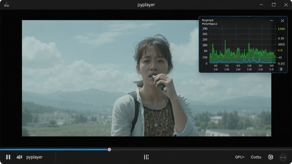pycplayer播放器开启硬件加速,显示GPU占用率低,播放4K视频画面流畅,界面有性能监控小窗,风格写实,画质干净,无多余元素