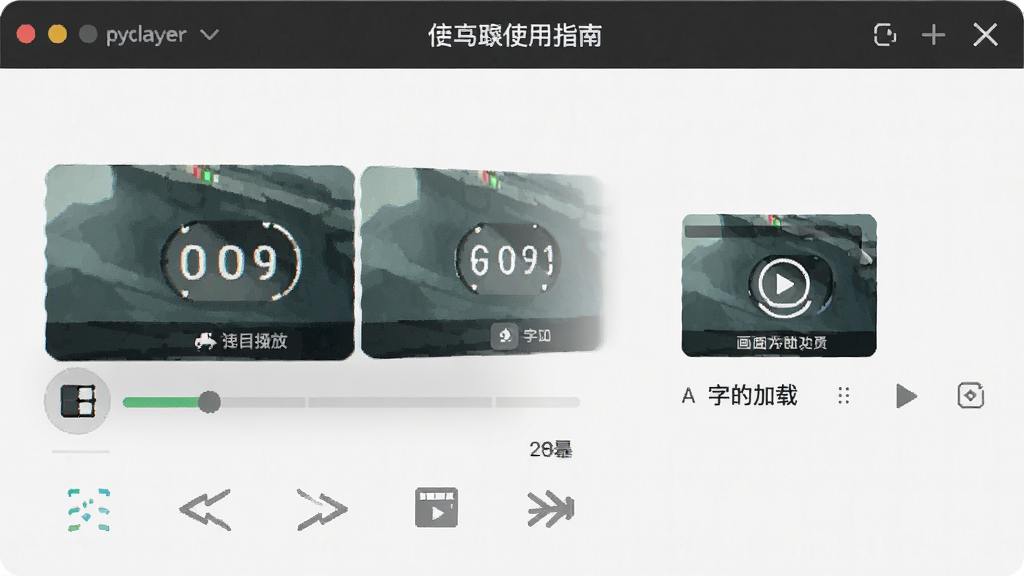 pycplayer播放器使用指南,展示倍速播放、字幕加载、画中画功能,界面简洁,操作图标清晰,画质干净,无多余元素