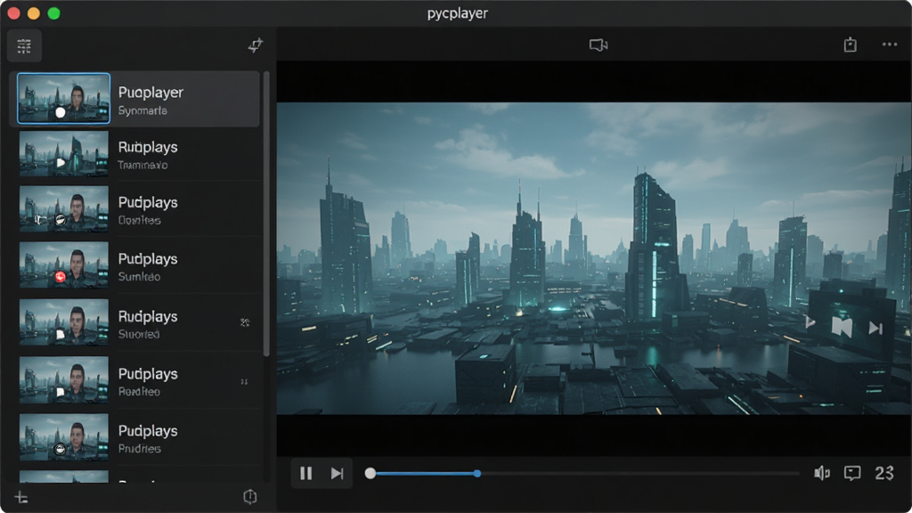 pycplayer软件主界面,深色主题,左侧视频列表,右侧播放窗口,界面简洁现代,高清视频画面清晰,整体风格科技感,画质干净,无多余元素