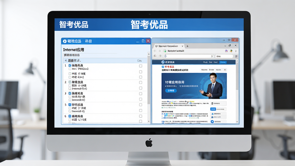 主体:智考优品全国职称计算机模拟考试系统Internet应用模块的软件主界面,显示在电脑屏幕上。布局:屏幕中央是模拟考试窗口,左侧为题目列表,右侧为浏览器操作区域,窗口上方有“智考优品”字样。排版:清晰简洁,模拟真实考试布局。风格:写实,科技感,明亮。细节:界面中显示“Internet应用”科目,题目列表中有多道选择题,浏览器区域展示网页。画质:高清,干净,无多余元素。