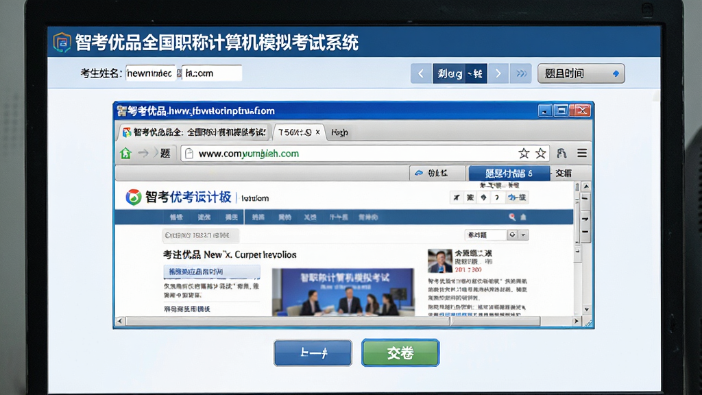 主体:智考优品全国职称计算机模拟考试系统Internet应用模块的模拟考试界面,显示在电脑屏幕上。布局:界面上方是考试信息栏,包含考生姓名、剩余时间、题目导航;中间是浏览器操作区域,模拟IE浏览器界面;下方是上一题、下一题、交卷按钮。排版:仿真考试界面,与真实考试一致。风格:写实,严谨,清晰。细节:浏览器地址栏显示网址,页面内容为新闻网页,题目导航高亮显示当前题号。画质:高清,干净,无多余元素。