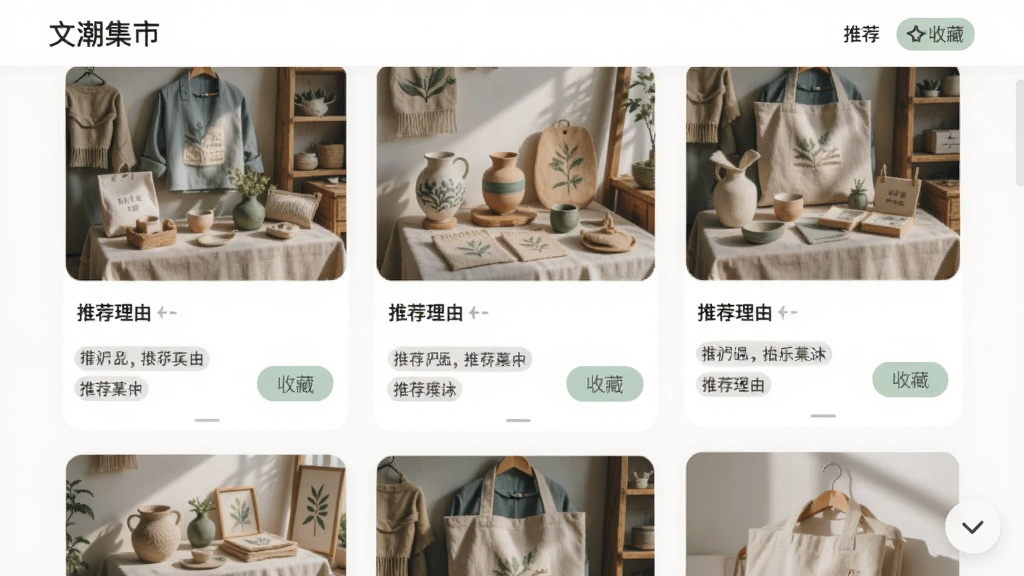 主体为“文潮集市”推荐页面,布局瀑布流展示卡片式商品,风格清新简约,色调柔和,细节包含推荐理由标签与收藏按钮,画质细腻,干净无干扰