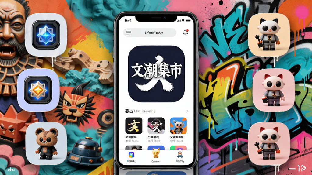 画面中央展示“文潮集市”APP界面,背景为抽象的文化元素与潮流涂鸦融合,布局以手机屏幕为主体,周围环绕数字藏品、潮玩手办等图标,风格现代简约,色彩明快,细节丰富,画质高清,干净无多余元素