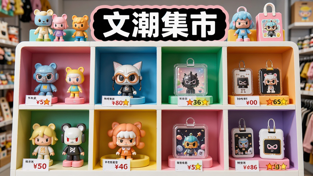 主体为“文潮集市”商品陈列架,布局分格展示多种潮玩与数字藏品,风格时尚活泼,色彩鲜艳,细节包括价格标签与稀有度标识,画质高清,干净整洁