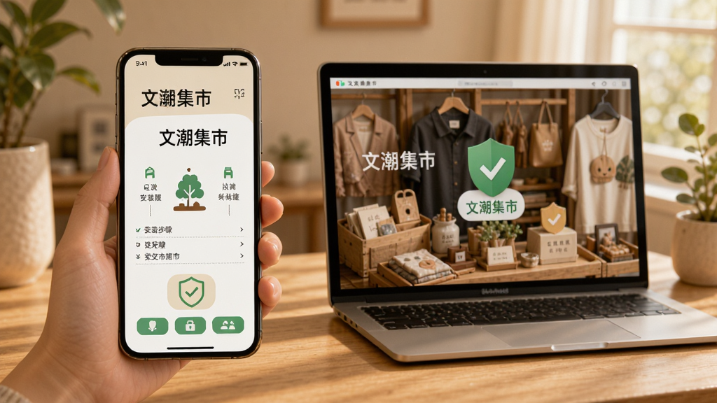 主体为“文潮集市”使用场景,布局展示手机与电脑两端操作,风格写实,色调温暖,细节包括安装步骤与安全提示图标,画质清晰,干净无多余元素