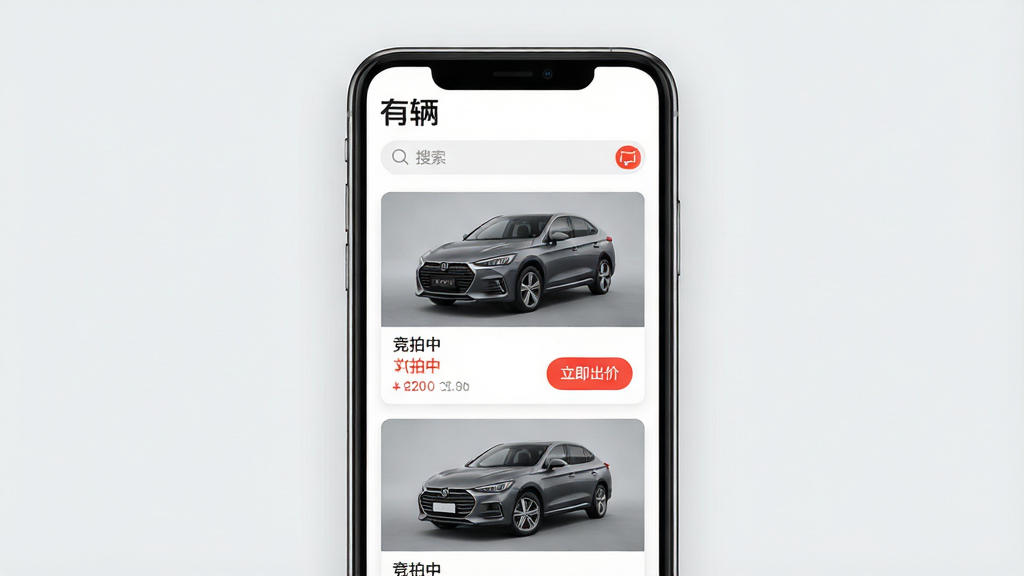 主体:有辆APP界面展示,手机屏幕显示二手车拍卖列表页面,背景为简约的浅灰色调,布局清晰,顶部有“有辆”品牌logo和搜索栏,下方是车辆卡片流,卡片包含车型图片、价格和竞拍按钮。排版:手机居中,屏幕内容放大展示,周围留白,整体风格简洁现代。细节:屏幕上的文字清晰可见,如“有辆”、“竞拍中”、“立即出价”,画质高清,干净,无多余元素。