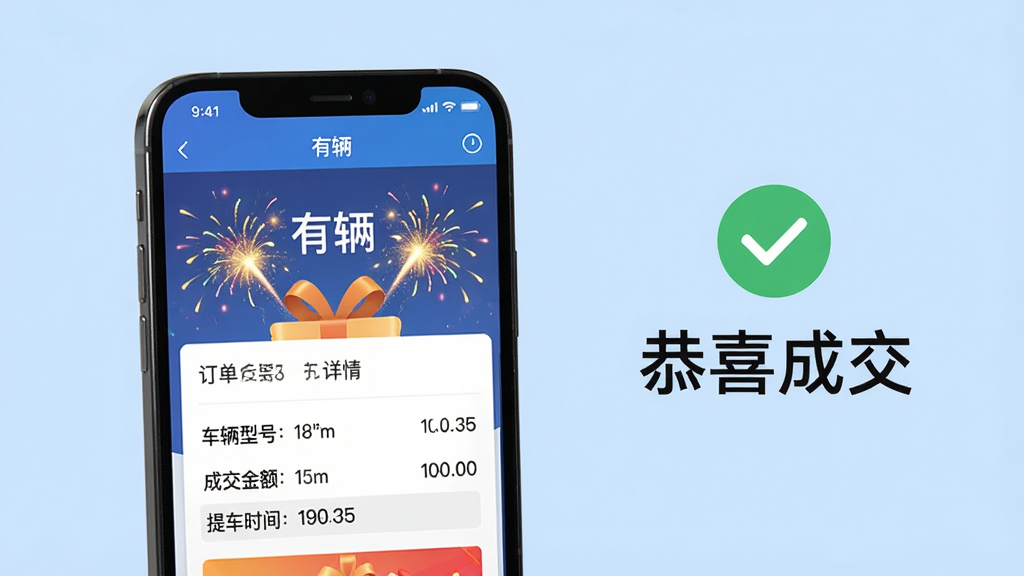 主体:手机屏幕上显示“有辆”APP的竞拍成功页面,礼花特效,订单详情清晰可见,背景为浅蓝色,整体氛围喜庆。布局:手机居中偏左,右侧有对勾图标和“恭喜成交”字样,排版简洁明了。细节:订单信息包括车辆型号、成交金额、提车时间,文字清晰,画质高清,干净,无多余元素。