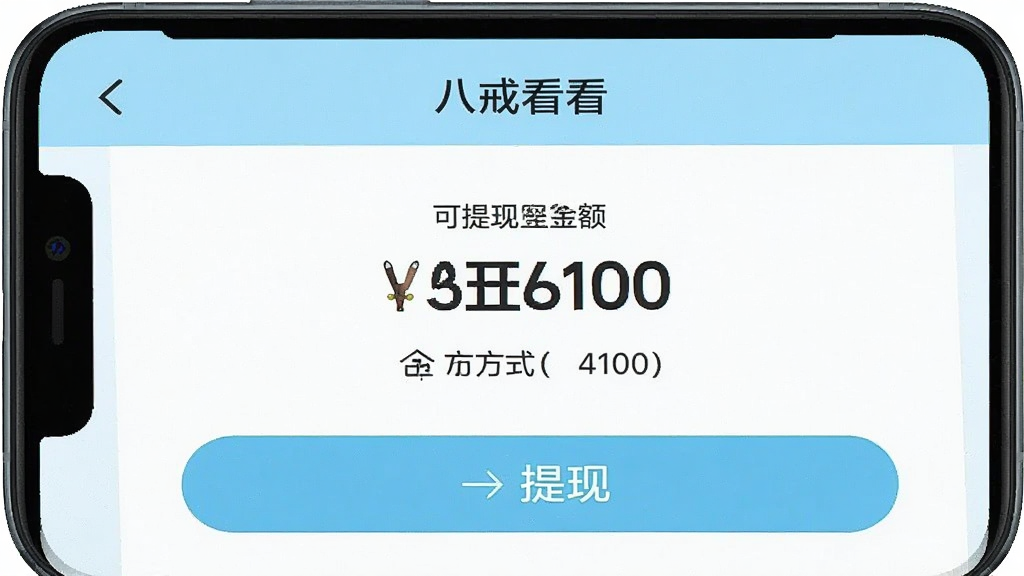 一张手机截图,主体为“八戒看看”提现页面,显示可提现金额与提现按钮,背景为清新的浅蓝色,布局简洁,排版整齐,风格清爽,细节包括金额数字、提现方式图标,画质干净无多余元素。