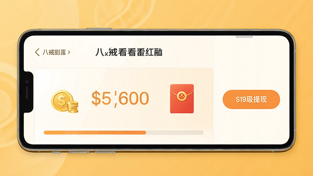 一张横版功能示意图,主体为“八戒看看”红包奖励界面截图,中央显示金币数字与红包图标,右侧有提现按钮,背景为暖黄色,布局清晰,排版规整,风格简约现代,细节包括金币、红包、进度条,画质高清干净,无多余元素。