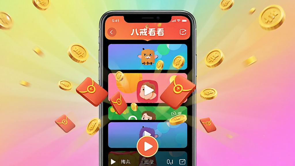 一张竖版手机应用宣传海报,主体为“八戒看看”APP界面展示,手机屏幕内播放着多彩视频流,金币与红包元素从屏幕中飞出,背景为明亮的渐变色,整体布局居中,排版简洁大方,风格活泼卡通,细节包括金币、红包、播放按钮,画质清晰干净,无多余元素。