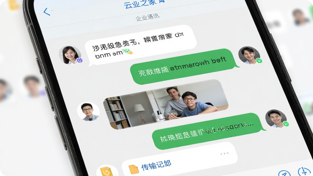 展示云之家即时通讯的聊天界面,主体为手机屏幕,屏幕内显示企业群聊对话,包含文字消息、图片消息和文件传输记录。界面采用圆角气泡设计,左侧为对方消息,右侧为本人消息,背景为浅灰色,风格简洁明快,画质细腻,无多余元素。