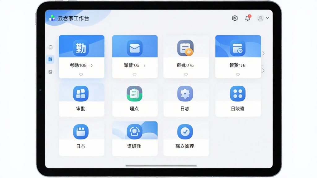 展示云之家工作台的自定义界面,主体为平板电脑横向放置,屏幕上显示可拖拽的应用图标网格,包括考勤、审批、日志等模块。整体布局清晰,采用卡片式设计,色彩以白色和蓝色为主,风格简约商务,画质干净,无多余元素。